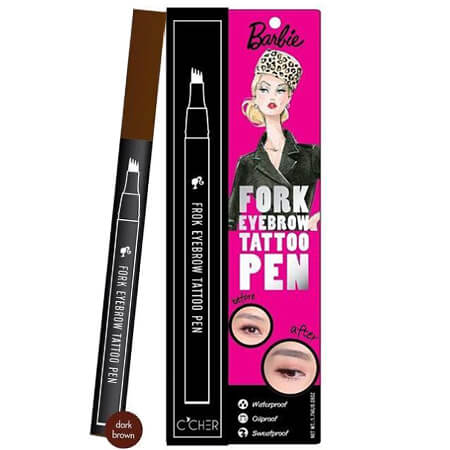Barbie Fork Eyebrown Tattoo #Dark Brown 1.7 ml. ปากกาเขียนคิ้วสูตร Tattoo หัวแปรง 4 แฉก ให้คิ้วดูเป็นธรรมชาติ เสมือนเส้นคิ้วจริง! เขียนง่าย ไม่เลอะเทอะ ช่วยให้คิ้วเรียงตัวสวย  มีมิติเป็นธรรมชาติ